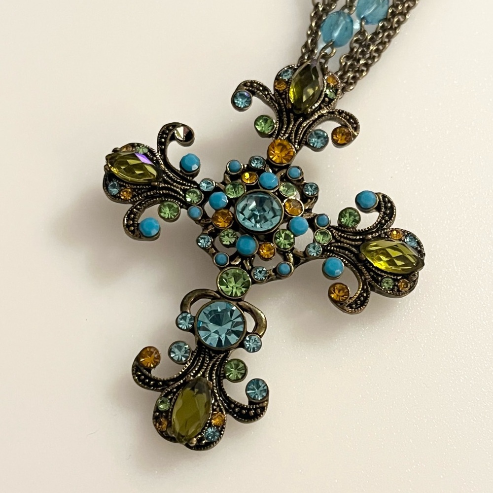Vintage JC Blue Green Orange Rhinestone Cross Pendant Necklace